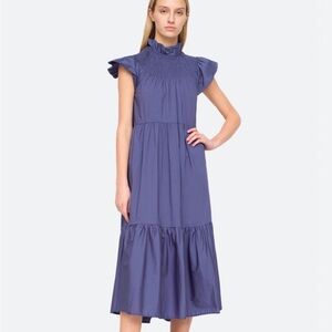 Sea New York Smocked Ruffle-Neck Midi Dress in Periwinkle